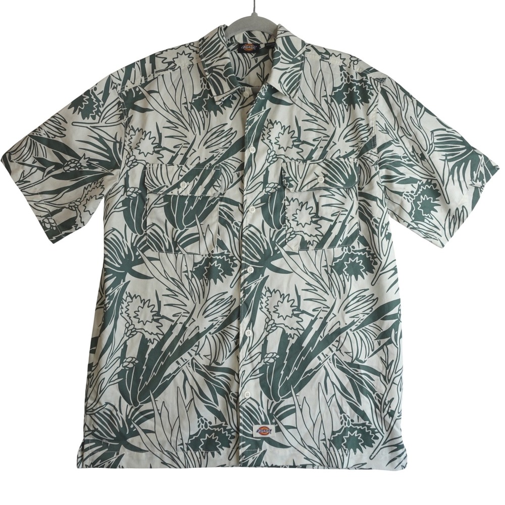 Dickies Max Meadows Shirt Mens Med Green White Floral‎ Tropical Print Button Up
